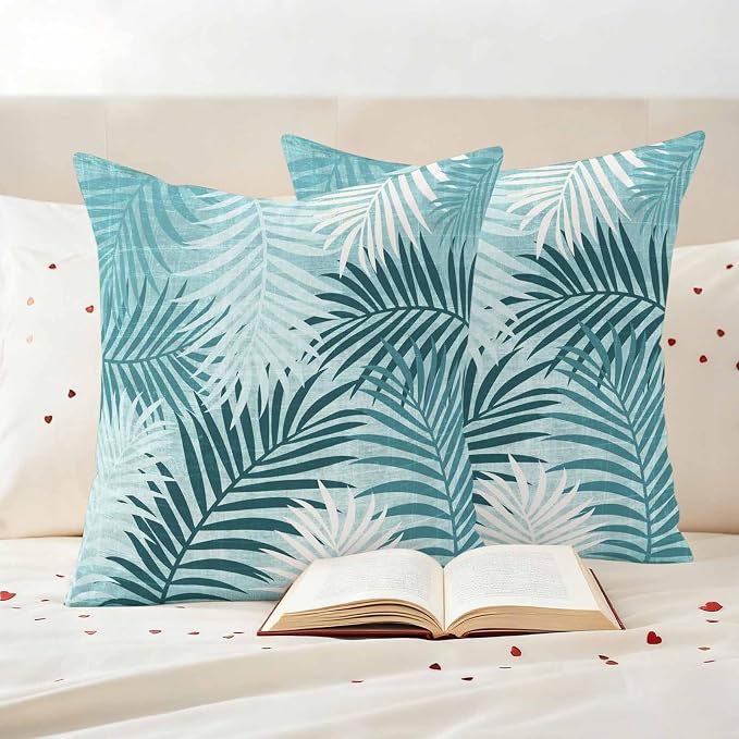 Outdoor Waterproof Throw Pillow Covers, Teal Palm Leaves Decorative Pillow Cases, Summer Botanical Tropical Leaf Couch Pillow Protector Patio Sofa Cushion Covers Replacement 18"x18" 2 Pack
