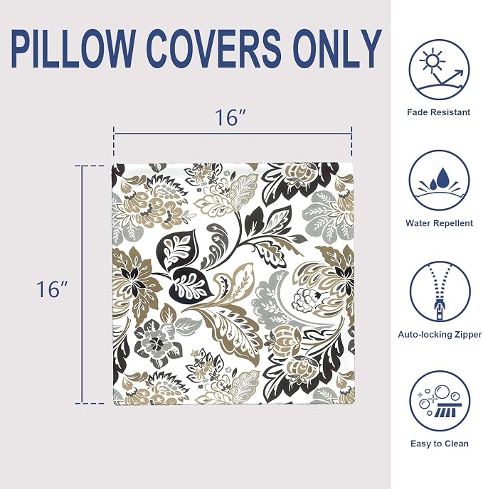 Outdoor 16x16 Inch Throw Pillow Covers Set of 2, Patio Cushion Pillow of Home Furniture Use, Dailey Tan