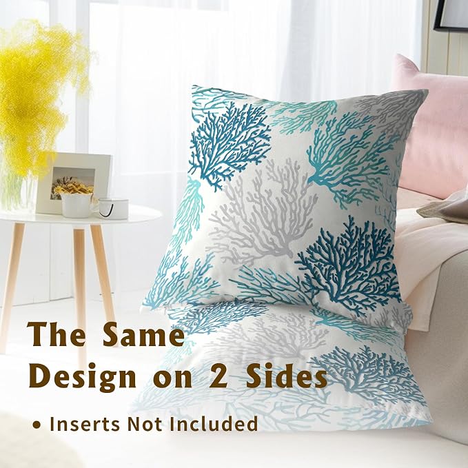 Summer Coastal Throw Pillow Cover 18x18 inch Set of 2, Teal Blue Coral Beach Ocean Themed Decorative Cushion Covers for Home Couch Bed Sofa Farmhouse Decoration