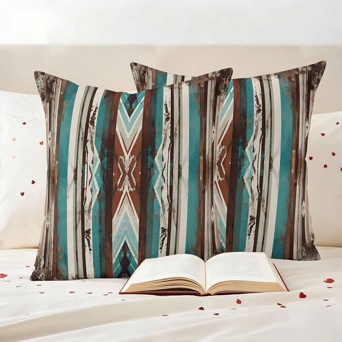 Ethnic Tribal Stripes Outdoor Pillow Covers 20"x20" Set of 2, Retro Vintage Geometric Teal Brown Stripes Waterproof Throw Pillow Covers for Patio Furniture, Decorative Cushion Covers for Porch