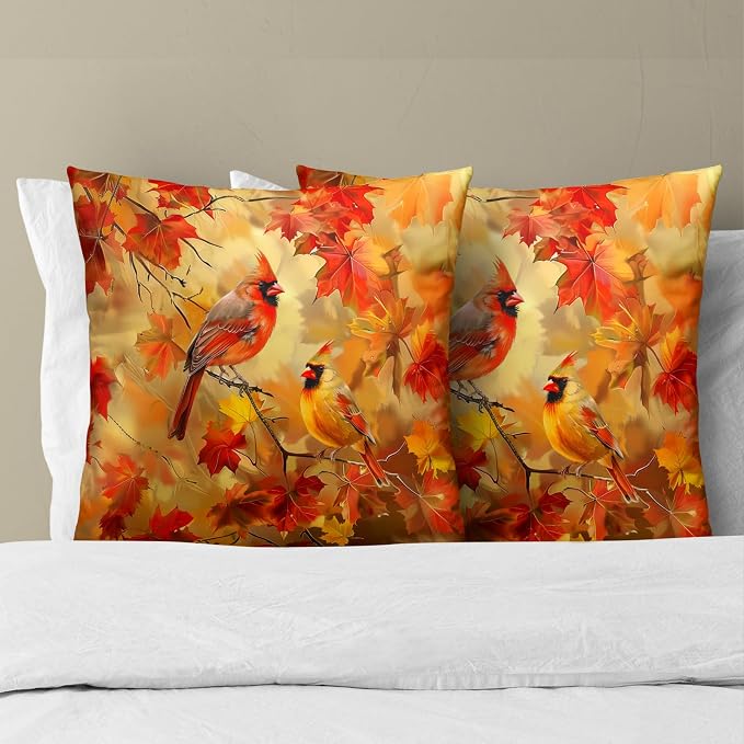 Maple Leaves Birds Pillow Cover 18x18 Inch Set of 2,Autumn Fall Orange Tree Branch Seasonal Decorative Pillow Cotton Linen Square Cushion Case for Couch Sofa Bed Living Room Decor