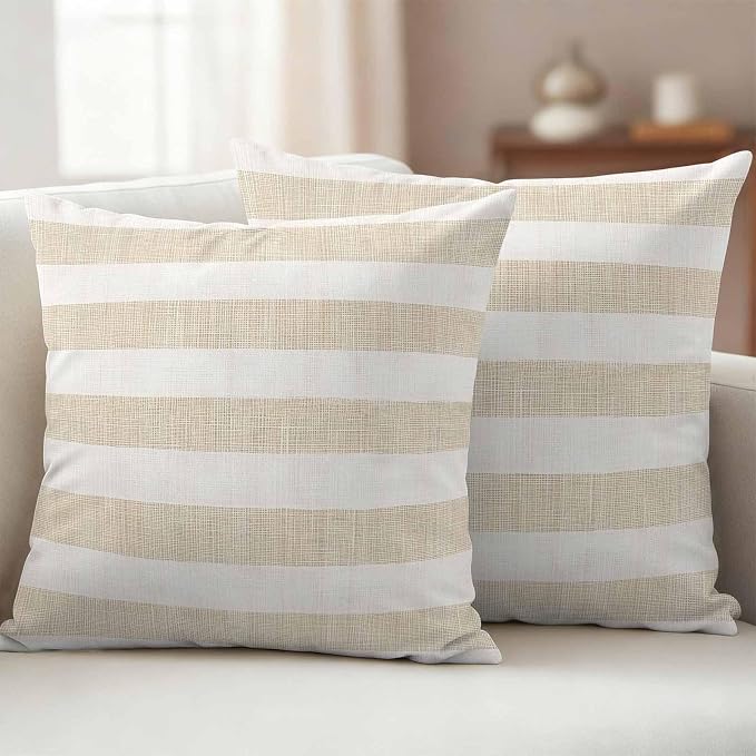 Vintage Linen Outdoor Waterproof Throw Pillow Covers Set of 2, 26"x26", Striped Beige Theme Farmhouse Decorative Pillow Covers Outside Cushion Case for Patio Porch Garden