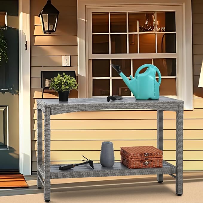 Outdoor Console Table Patio Buffet Bar Storage Organizer 45" Long Wicker Sofa Serving Sideboard Table 2-Shelf Outdoor Narrow Bar Table Tall Rectangle with Adjustable Feet for Entryway Grey