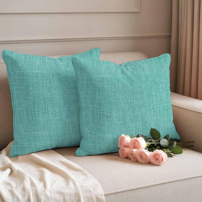 Outdoor Waterproof Throw Pillow Covers Set of 2 Turquoise Linen Pillowcases 26x26 Inches Farmhouse Pure Color Decorative Pillows Cushion Case Patio Pillows for Couch Bed Chair Garden