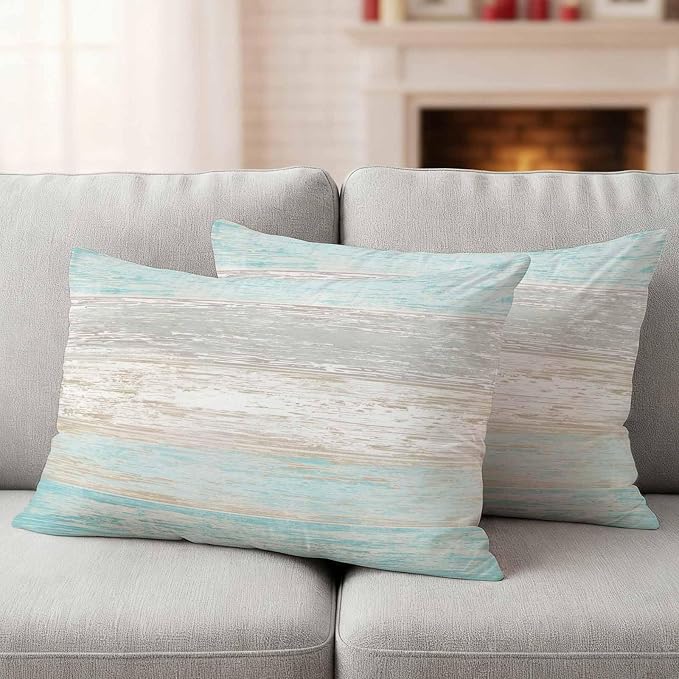 Outdoor Waterproof Throw Pillow Covers, Vintage Teal Grey Decorative Pillow Cases, Farmhouse Barn Wooden Striped Couch Pillow Protector Patio Sofa Cushion Covers Replacement 20"x12" 2 Pack