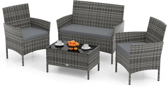 HAPPYGRILL 4 Pieces Outdoor Rattan Conversation Set, Patio Wicker Furniture Set with Loveseat Chairs & Tempered Glass Coffee Table, Outside Sectional Sofa Set for Backyard Garden Poolside, Gray