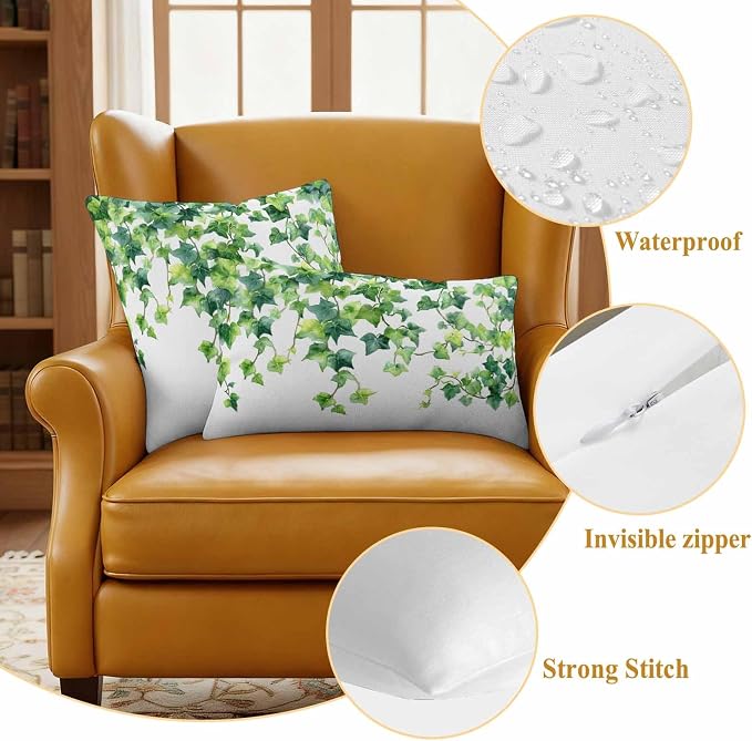 Outdoor Pillow Covers Set of 2, Green Leaf Vine Decorative Throw Pillow Covers 18X18IN, Country Leave Throw Pillows Protector Cushion Case for Patio,Couch,Sofa,Garden
