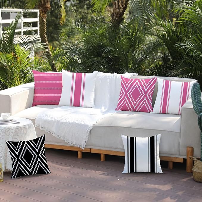 DFXSZ Outdoor Hot Pink Waterproof Geometry Pillow Covers 18x18 Set of 4 | Summer Waterproof Modern Throw Pillowcases（No Inserts） Outdoor Decor for valentines Patio Funiture Garden Polyester Covers