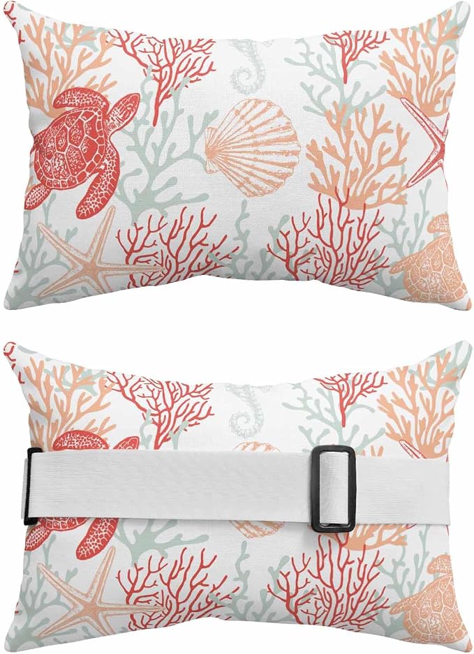 Lumbar Pillow Covers Set of 4, Red Orange Coastal Waterproof Outdoor Chaise Lounge Pillow Covers with Elastic Strap, Sea Turtle Nautical Coral Summer Beach Headrest Pillowcase for Patio, 11 x 16