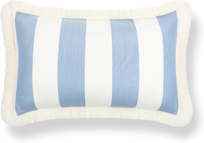 Hofdeco Premium Coastal Hampton Outdoor Performance Lumbar Pillow Cover Only, 12"x20" Water Repellent, UV and Fade Resistant for Backyard, Couch, Poolside, Azure Blue Woven Beach Stripes