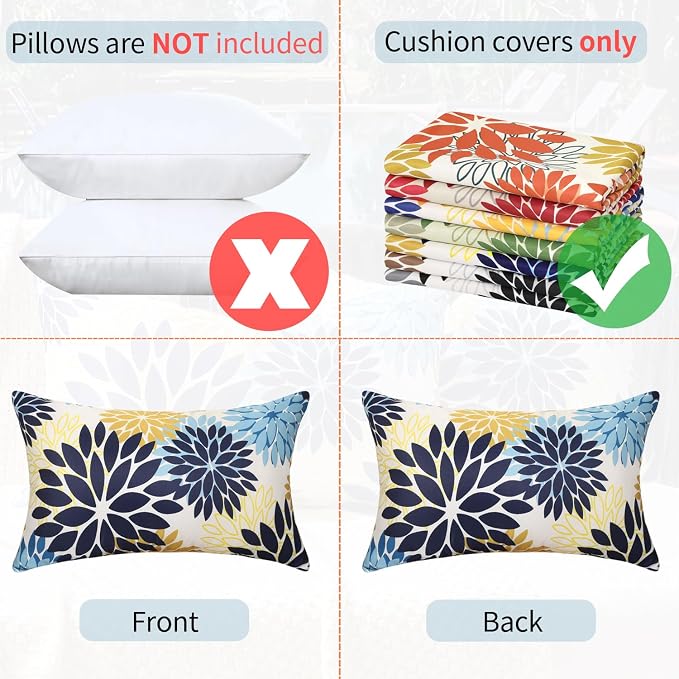 Dahlia Throw Pillow Covers 12x20 Inch Set of 2 Outdoor Pillows Waterproof Cushion Covers Decorative Pillowcases Blue and Yellow Square for Living Room Patio Garden Funiture