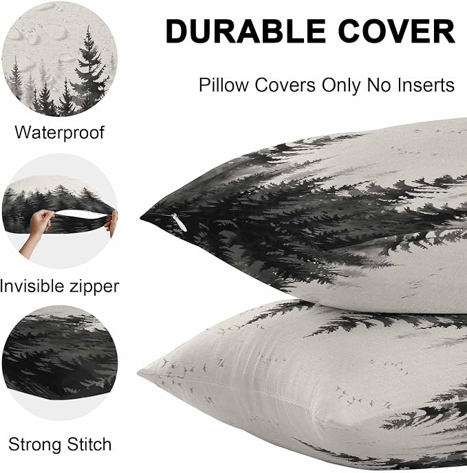 Vandarllin Outdoor Throw Pillows Covers 26x26 inch Set of 2 Waterproof Black Forest Decorative Zippered Cushion Covers for Patio Furniture, Tree Bird Nature Landscape Linen Lumbar Pillowcases