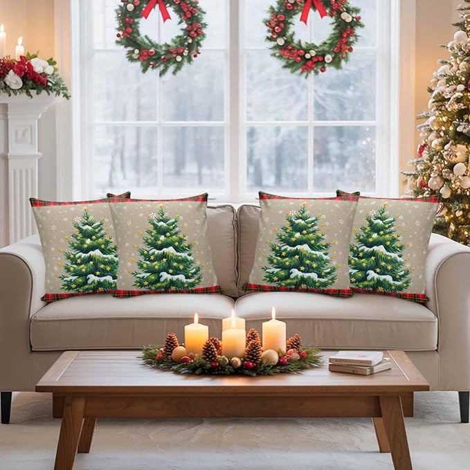 Outdoor Waterproof Throw Pillow Covers, Christmas Trees Winter Snowflake Green Red Tartan Plaid Vintage Burlap Pattern Pillowcases Cushion Covers Cases for Patio Couch Bench, Pack of 2, 16X16 Inch