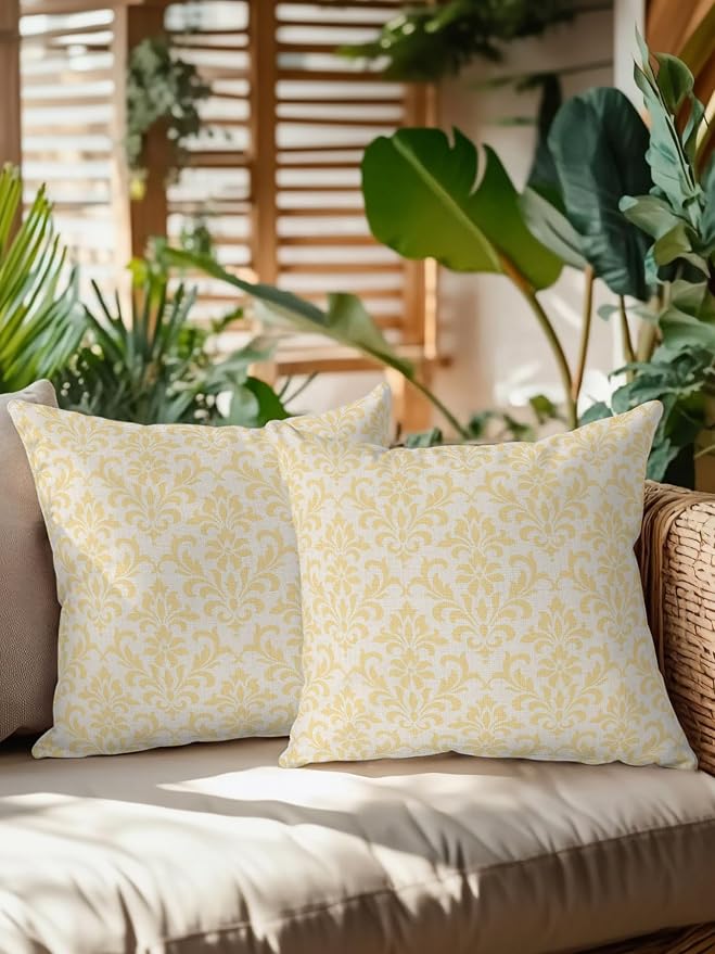 Waterproof Outdoor Pillow Set of 2 Yellow Grid Plaid Decorative Throw Pillows Cover & Insert 18x18 Inch Pillowcase Diagonally Crossed Lines Pillows for Couch Sofa Bed Patio Furniture Indoor Outdoor