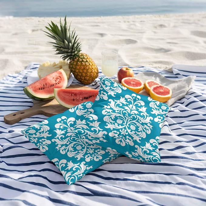 Outdoor Waterproof Pillow Covers for Patio Vintage Floral Teal Decorative Throw Pillow Cover Rustic Pillowcases Set of 2 Cushion Case for Sofa Couch Chair 18x18 Inch