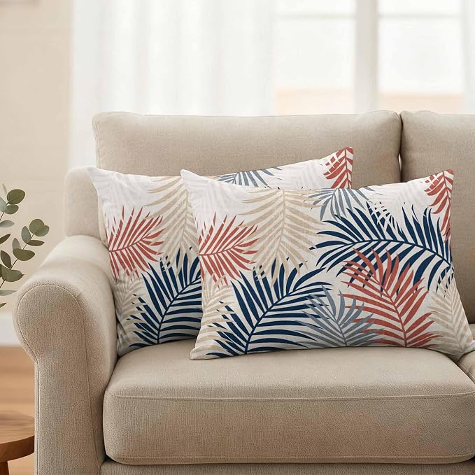 Outdoor Waterproof Throw Pillow Covers, Red Blue Yellow Palm Leaves Decorative Pillow Cases, Summer Botanical Tropical Leaf Couch Pillow Protector Patio Sofa Cushion Covers Replacement 20"x12" 2 Pack