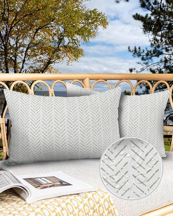 Sage Green Striped Outdoor Pillow Covers Waterproof,All Weather Cushion Case Set of 2 Lumbar Pillowcase for Sofa Couch Bed Decor Patio Furniture 20"x12" White Geometric Minimalist Boho Striped