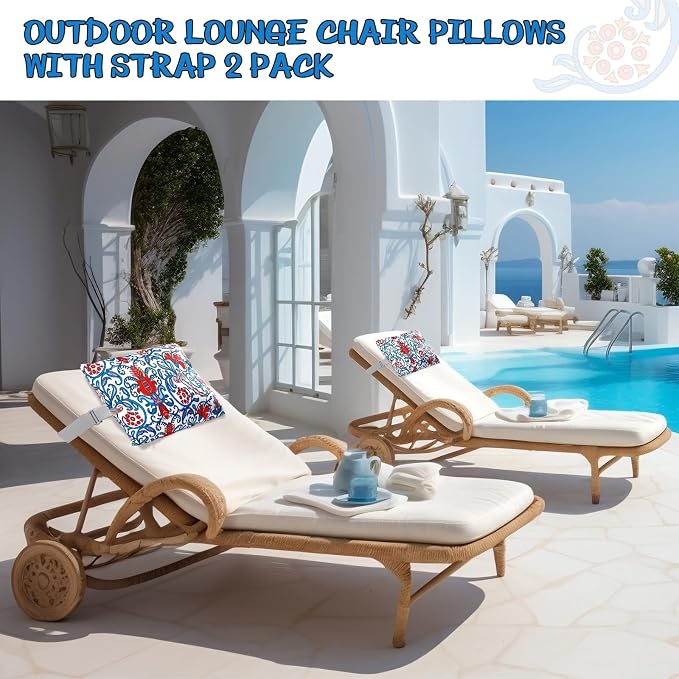 Lineshading 4 Pcs Chaise Lounge Pillow with Strap Outdoor Waterproof Pool Chair Neck Headrest Pillows with Adjustable Elastic Band for Beach Patio Chair Recliner(Orange Blue,Paisley)
