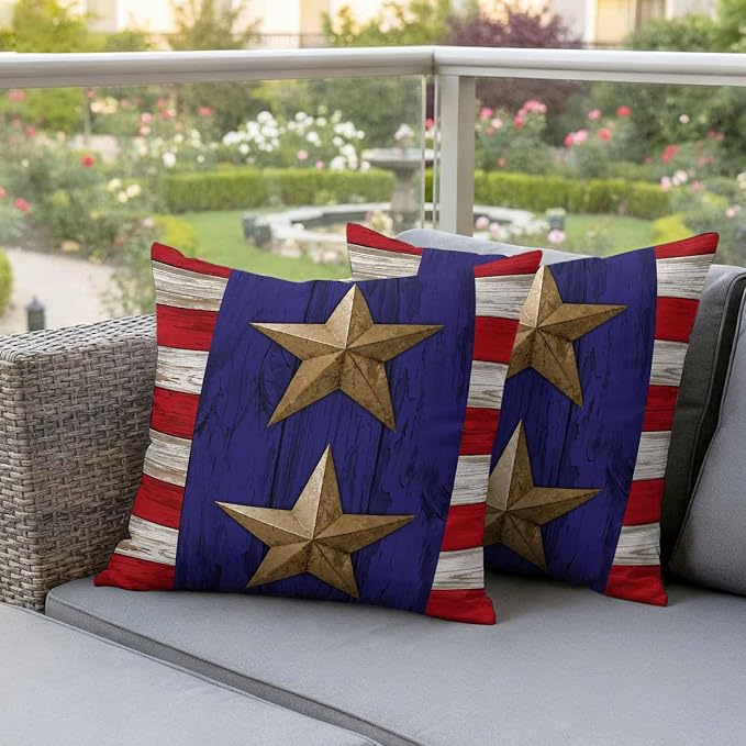 4th of July Outdoor Throw Pillows Covers 18x18 inch Set of 2 Waterproof Patriotic Stars Stripes Decorative Zippered Cushion Covers for Patio Furniture, Red White Blue Wood Grain Lumbar Pillowcases