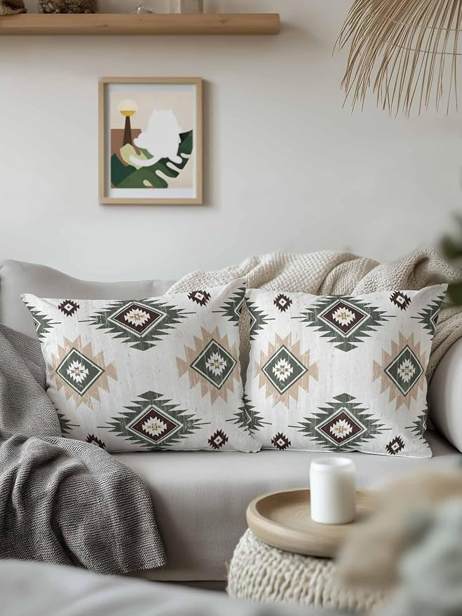 Waterproof Outdoor Pillow 1 Pack Sage Green Boho Aztec Decorative Throw Pillows Cover & Insert 16x16 Inch Pillowcase Southwest Tribal Style Pillows for Couch Sofa Bed Patio Furniture Indoor Outdoor