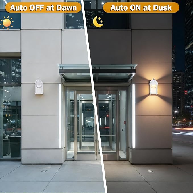 Outdoor Wall Light Fixture Dusk to Dawn, Rustproof Aluminum, LED | Exterior Porch Light Wall Sconce Lantern for House, Patio, Garage, Waterproof, Glass, 9.5W 800 Lumen, 3000K, White, 1 Pack