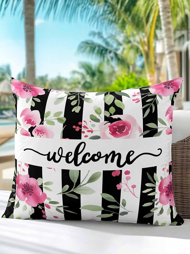 Outdoor Waterproof Throw Pillows Welcome Words Pink Flowers Patio Pillows,Decorative Pillow Covers with Insert,Pillow Cushion Case for Garden Couch Sofa Country Black Line