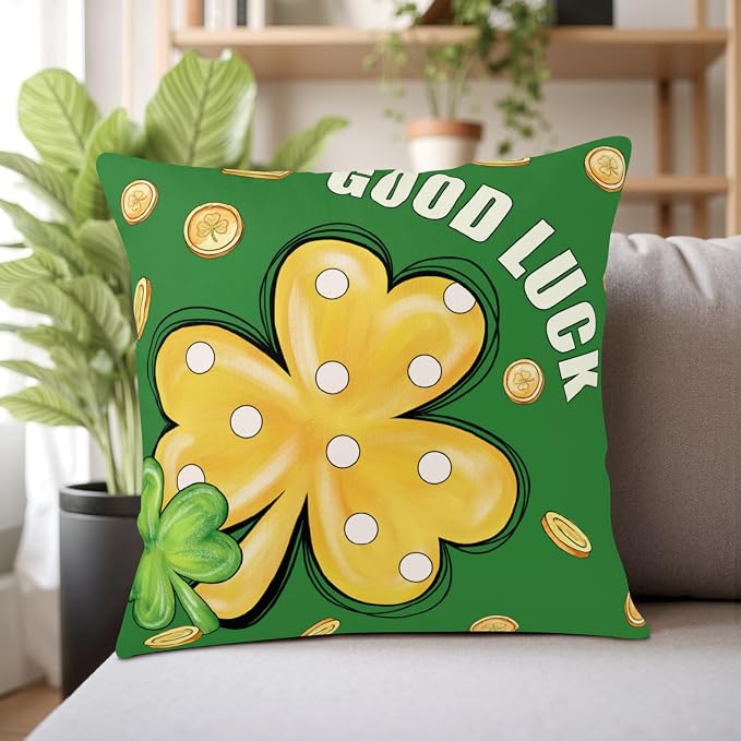 Set of 2 Saint Patricks Day Pillow Covers Lucky Hat with Gold Coin Shamrock Decorative Pillowcases 22x22 Green Polka Dots Lucky Clover Cushion Cases for March Holiday St Patrick Decor