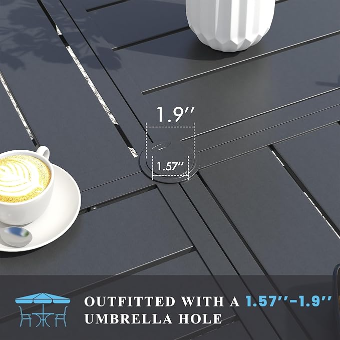 VICLLAX 47.2" Round Patio Table with Umbrella Hole, All Weather Metal Outdoor Dining Table for 6, Outside Table with Storage Shelf for Lawn Garden, Black