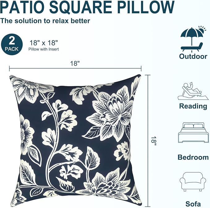 DYTXIII Pack of 2 Waterproof Outdoor Pillow with Inserts, 18x18 Square Patio Decorative Throw Pillow for Home,Sofa,Bench and Patio Furniture,Vines Navy