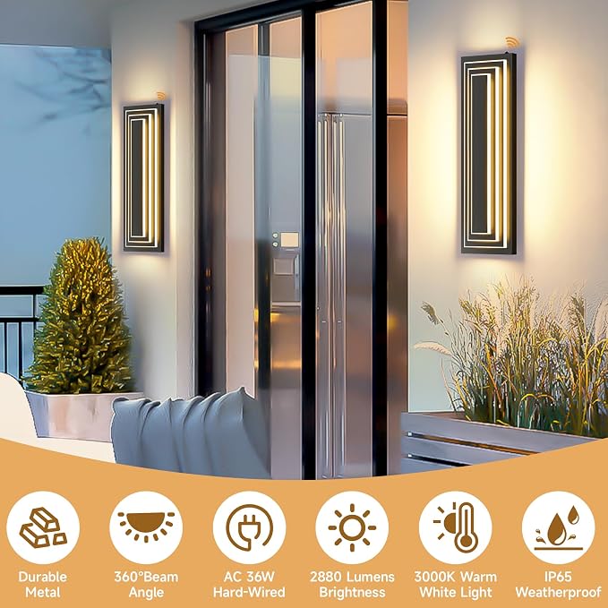 Dusk to Dawn Outdoor LED Wall Lights,3-Tier 23.6 in,36W,2 Packs | Black Long Exterior Lighting Fixtures,Modern Porch Light,Waterproof Outside Lights For House,Garage, Patio,3000K Warm White