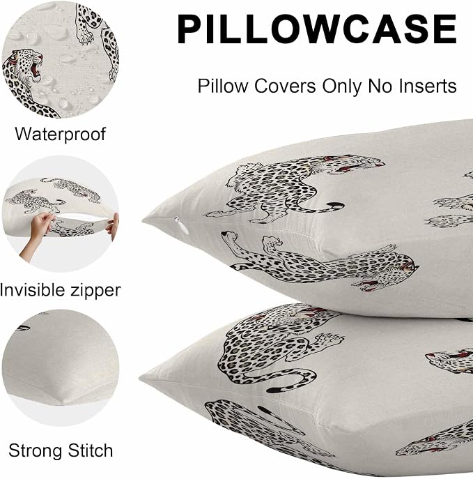 Vandarllin Outdoor Throw Pillows Covers 18x18 inch Set of 2 Waterproof Linen Leopard Decorative Zippered Cushion Covers for Patio Furniture, Bohemian Animal Print Lumbar Pillowcases