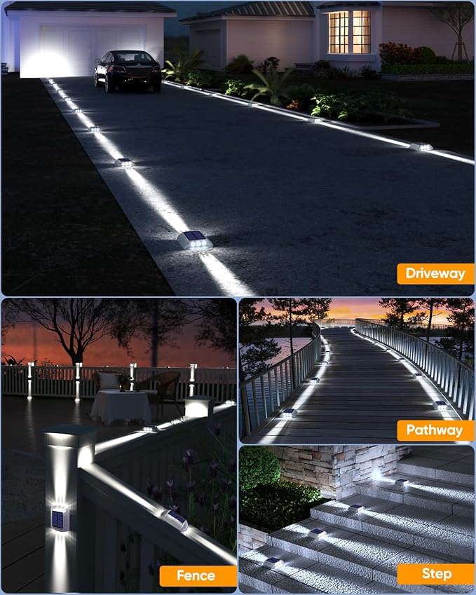 DetarZinLED Solar Driveway Lights Outdoor IP68 Waterproof Led 4 Pack White | Sturdy PC Shell, Stick on & Screw Mount, Markers Light for Outside Deck, Driveway, Step, Walkway, Patio, Pathway, Stair, pool