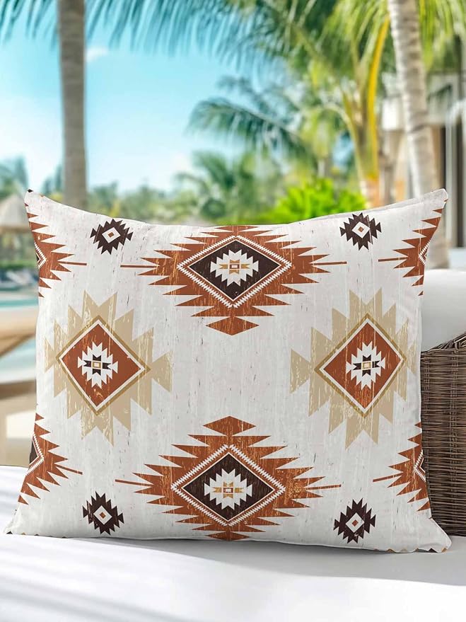 Waterproof Outdoor Pillow 1 Pack Orange Boho Aztec Decorative Throw Pillows Cover & Insert 18x18 Inch Pillowcase Southwest Tribal Style Square Pillows for Couch Sofa Bed Patio Furniture Indoor Outdoor