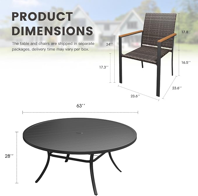 Round Patio Dining Set for 10, 63" Round Metal Table with Umbrella Hole and Stackable Wicker Patio Chairs, Outdoor Furniture Set for Deck Backyard Garden, Walnut Chairs, Black Table