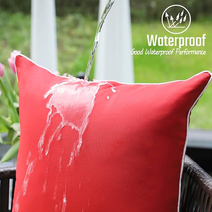 JOJOGOGO Red Outdoor Waterproof Sun Fade Resistant Lumbar Pillow Covers 12x20 Set of 2, Winter Christmas Red Lumbar Pillows 12 x 20 for Couch Porch Patio Furniture (with White Piping)
