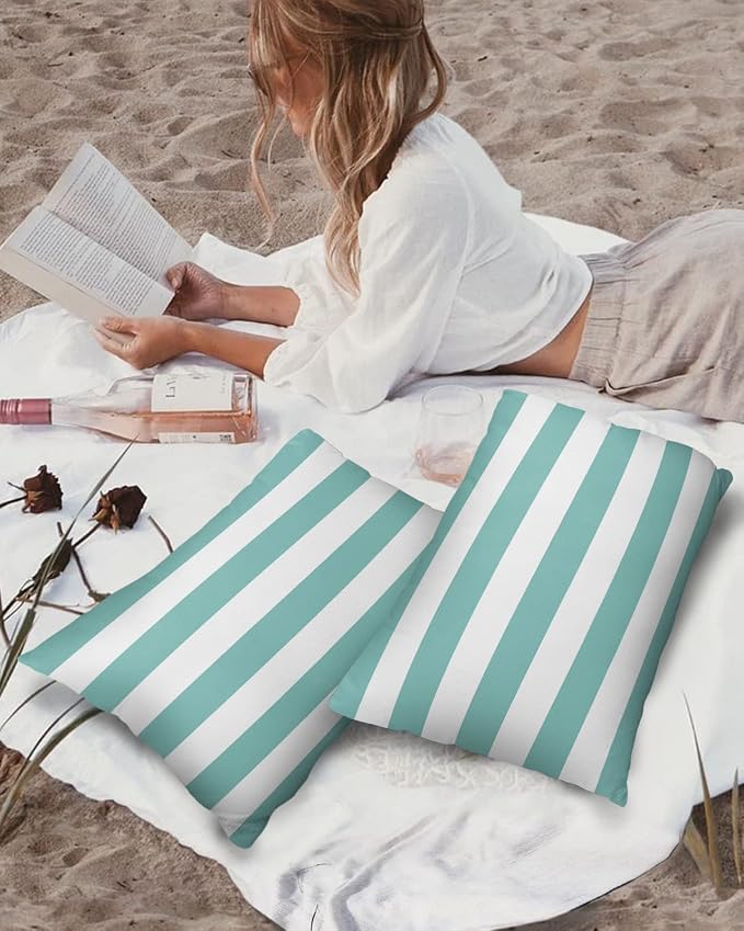 Lumbar Throw Pillow Covers 12x20 Outdoor Waterproof Pillow Covers for Patio Furniture Solid Striped Decorative Throw Pillow Cover Teal Blue Pillowcases Set of 2 Cushion Case for Sofa Couch Chair Home