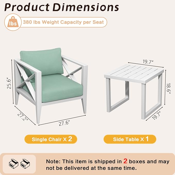 Outdoor Aluminum Patio Furniture Set, 2-Seats Patio Conversation Sofa Set with 1 Coffee Table, All Weather for Pool, Balcony, Garden-White