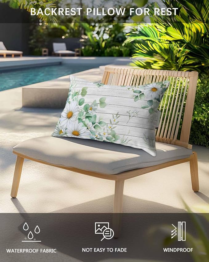 Daisy Eucalyptus Leaves Outdoor Pillows with Insert 11x16 Inch Floral Spring White Wood Grain Waterproof Headrest Pillows with Adjustable Strap Lounger Chair Throw for Patio Furnitures, 1 Pack