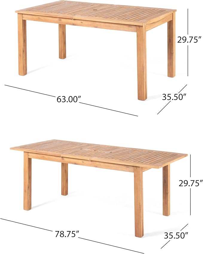 Merax Outdoor Acacia Wood Dining Set of 7, Patio 78.75" Large Expandable Dining Table with Umbrella Hole, 6 Dining Chairs with Wicker Back and Cushions for Deck, Yard, Porch,Cream+Teak