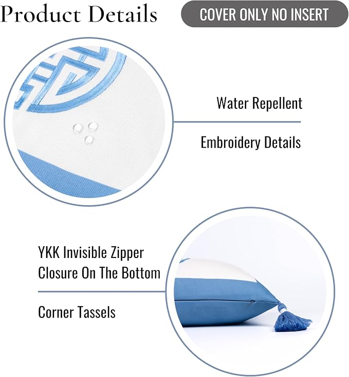 Hofdeco Premium Coastal Hampton Patio Indoor Outdoor Lumbar Pillow Cover Only, 12"x20" Water Repellent for Backyard, Couch, Poolside, Azure Blue Embroidered Double Happiness Symbol