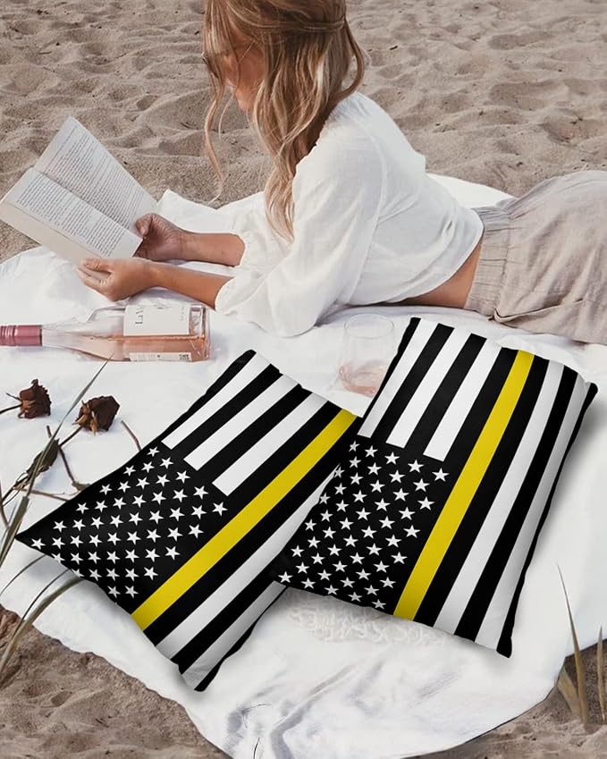 Outdoor Waterproof Pillow Covers Set of 2, Thin Yellow Line Gold Emergency Dispatchers Truck Flag Patio Throw Pillow Covers, Decorative Cushion Case for Couch Sofa Furniture Garden, 20x12 Inch