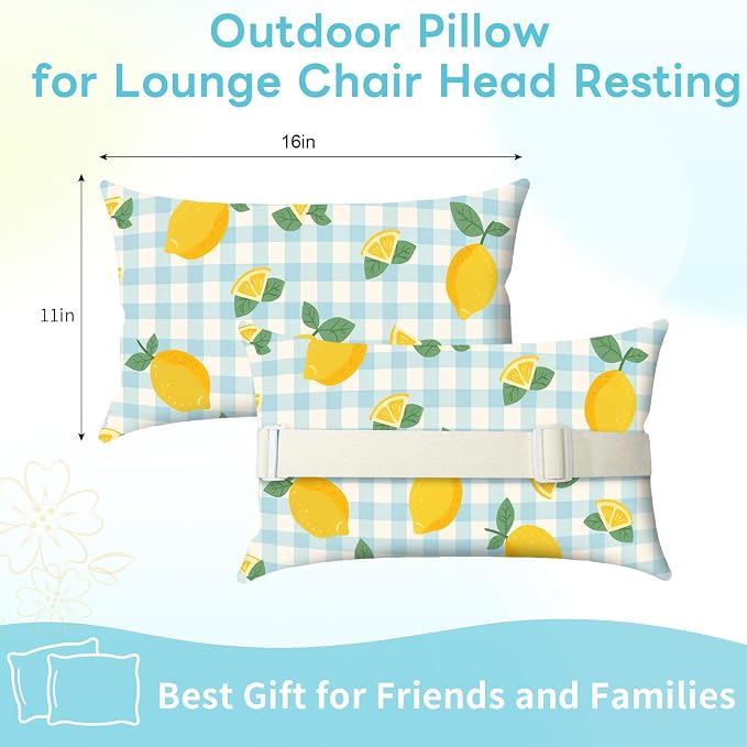 Outdoor Pillows for Lounge Chair Head Resting 2 Pack Waterproof | Headrest Lumbar Pillows with Adjustable Strap for Recliner Beach Pool Lounger Chair, Lemon