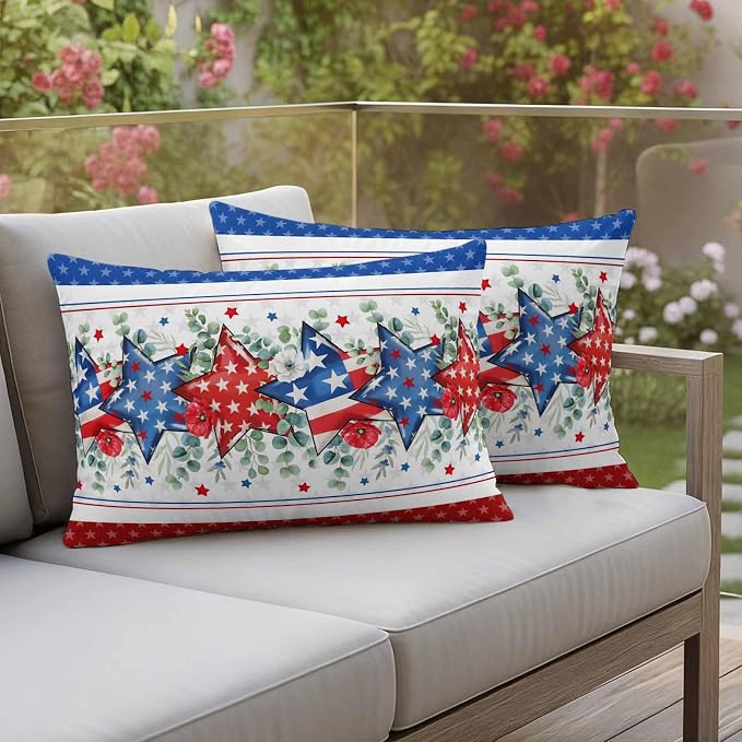 Independence Day Star Outdoor Pillow Covers 20"x12" Set of 2, Waterproof Throw Pillow Covers for Patio Furniture, Farm Red Blue White Star Eucalyptus Leaves Decorative Cushion Covers for Porch