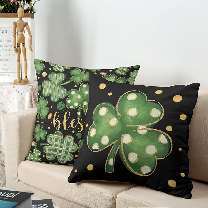 Saint Patricks Day Throw Pillow Covers Stripes Polka Dot Shamrock Clover Pillow Cases 2 Pack 24x24 March Holiday Lucky Blessed Decorative Pillow Covers for Sofa Home St Patricks Decor