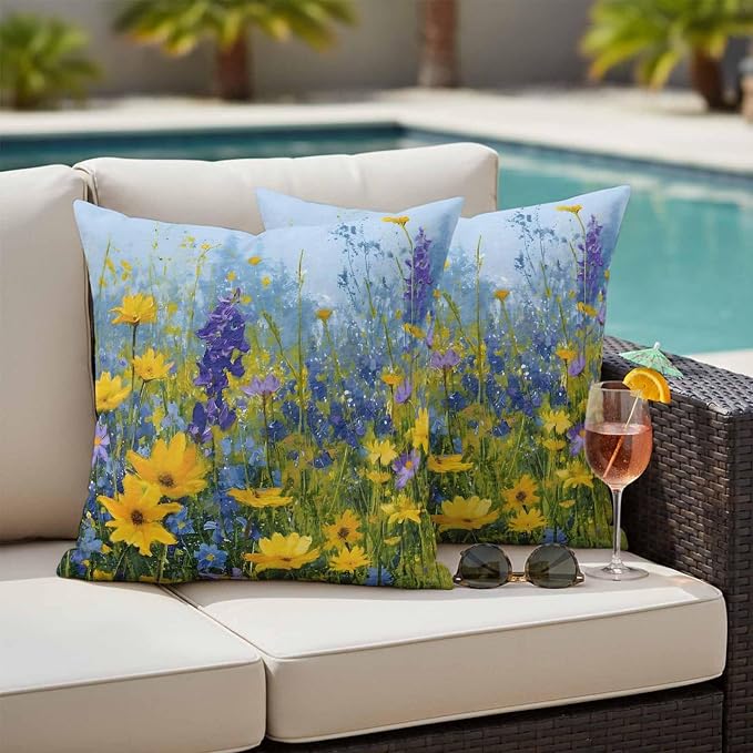 Outdoor Waterproof Pillow Covers for Patio Rustic Landscape Decorative Throw Pillow Cover Spring Wildflower Floral Yellow Blue Purple Pillowcases Set of 2 Cushion Case for Sofa Couch Chair 20x20 Inch