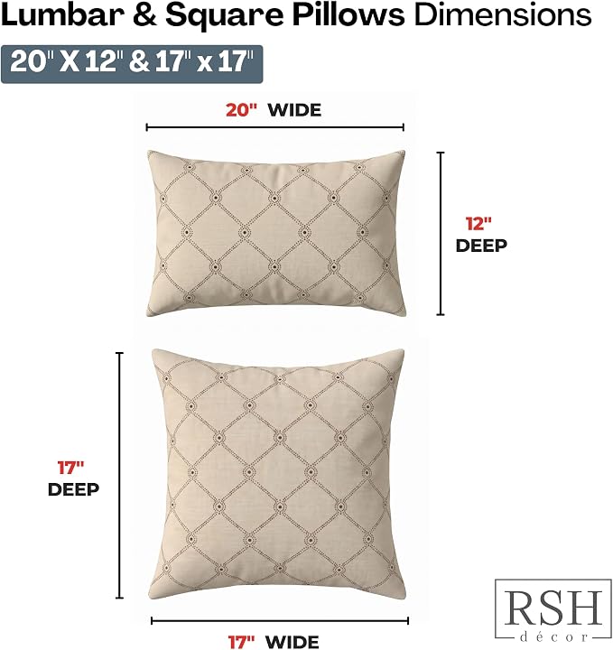RSH DECOR: Sunbrella Lumbar & Square Pillows Set of 4 | 20" x 12" & 17" x 17" | Water and Fade-Resistant Performance Fabric | Outdoor Throw Pillows for Patio Furniture | Made in USA (Arabia)