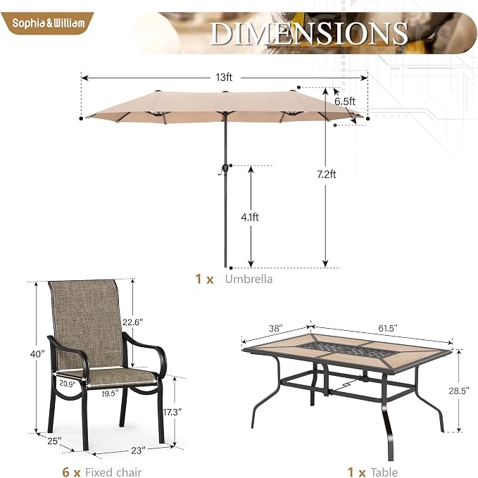 Sophia & William Patio Set with Umbrella Outdoor Dining Set with 13ft Beige Umbrella, 6 x Fixed Chairs, 1 Wood Like Patio Table for Lawn Garden Backyard Pool (Umbrella Base Not Included)