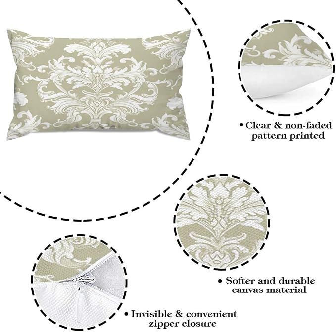 Set of 2 Tan Off Green White Damask Pattern Print Decorative Throw Pillow Covers 12x20in Farmhouse Rectangle Accent Pillow Cases Cushion Cover Cases for Sofa Chair Bedroom Home Decor