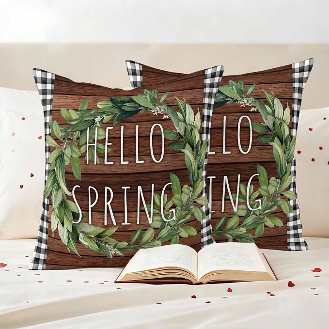 Hello Spring Outdoor Pillow Covers Pack of 2 Green Leaf Plant Black Plaid Brown Wood Grain Waterproof Throw Pillow Covers Decorative Cushion Cases for Patio Garden Tent Balcony Couch 20x20 inch