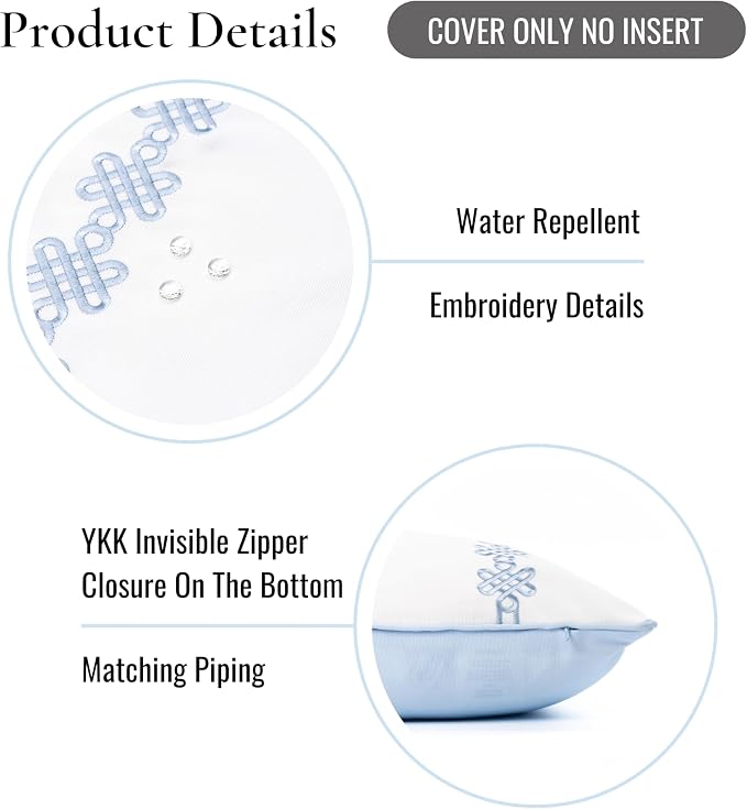Hofdeco Premium Grandmillennial Patio Indoor Outdoor Lumbar Pillow Cover Only, 12"x20" Water Repellent for Backyard, Couch, Poolside, Baby Blue Embroidered Chinoise Lucky Knots